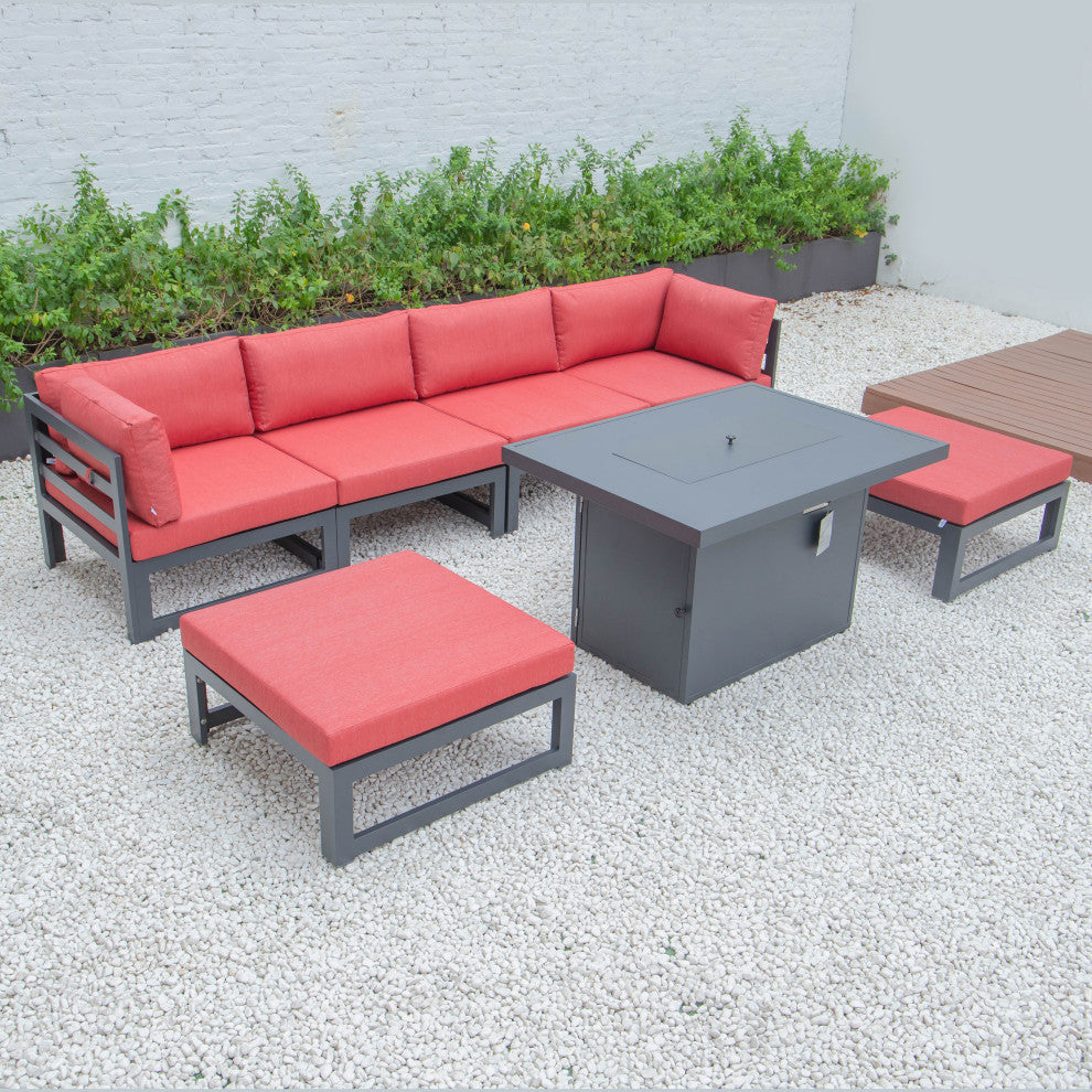LeisureMod Chelsea 7-Piece Outdoor Sectional With Fire Pit Table, Red