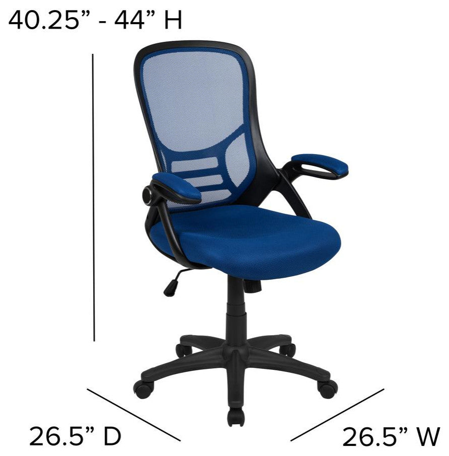 High Back Mesh Swivel Office Chair With Flip-up Arms, Blue