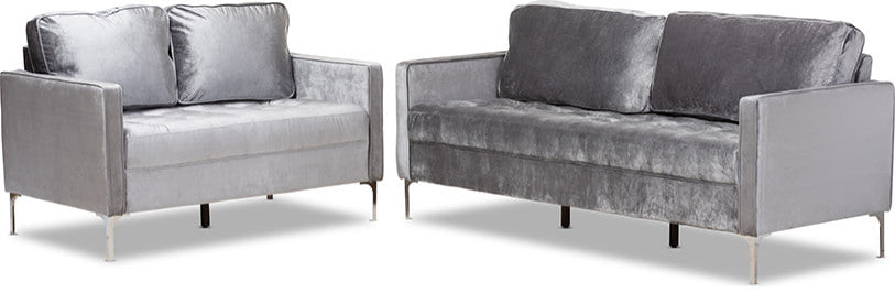 Clara Grey Velvet Fabric 2-Piece Living Room Set