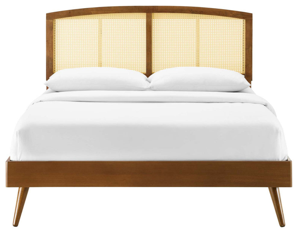 Platform Bed Frame, Full Size, Wood, Brown Walnut, Modern Mid-Century, Bedroom