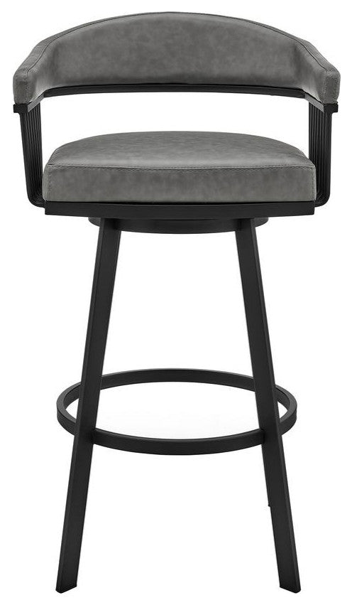 Bronson 30 Bar Height Swivel Bar Stool in Black Finish and Grey Faux Leather