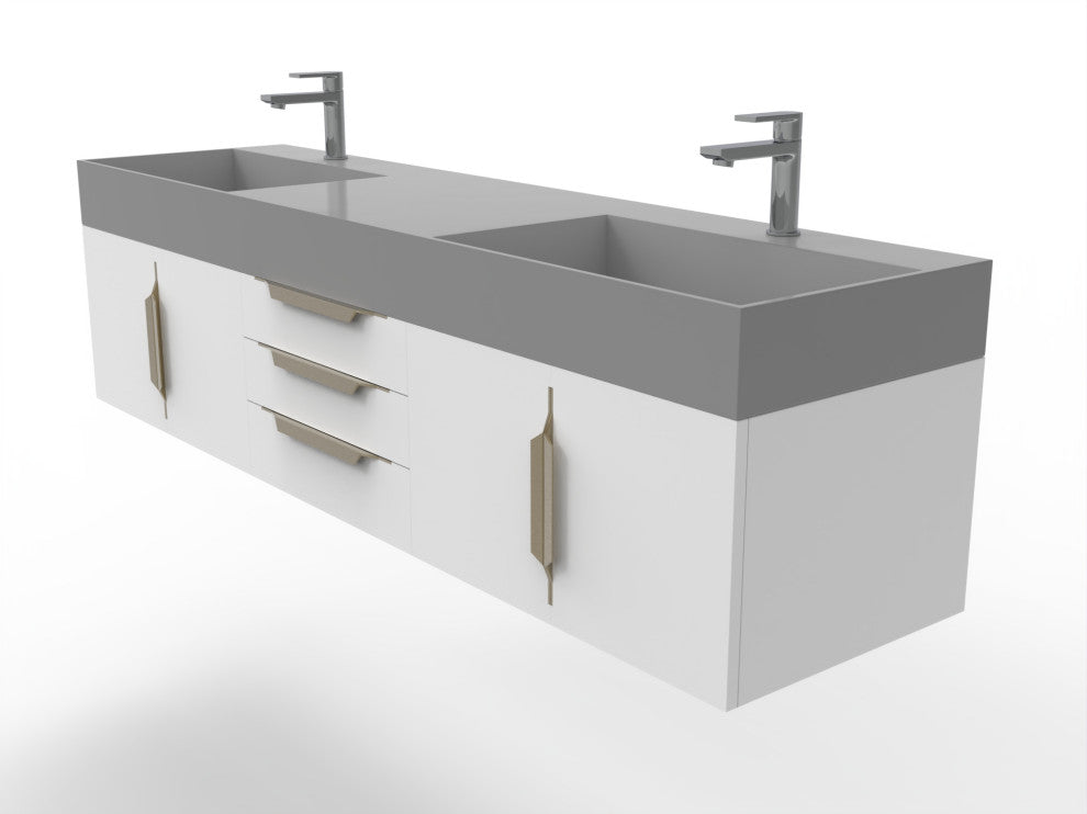 CastelloUSA Amazon 72" Wall Mounted Vanity Set, White, Gray Top, Gold Handles