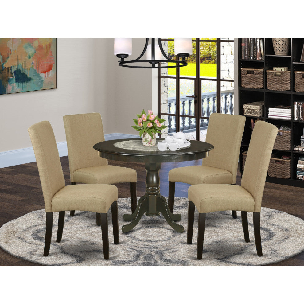 5-Piece Round 42" Table and 4-Parson Chair, Brown Color