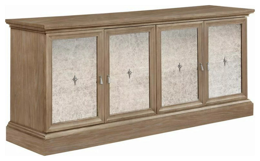 Traditional Sideboard, Wooden Frame With Mirror Panel Accents, Weathered Gray