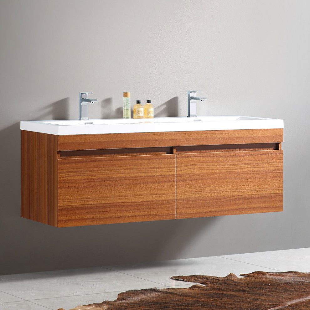 Largo Double Sink Bathroom Cabinet, Base: Teak, With Integrated Sink