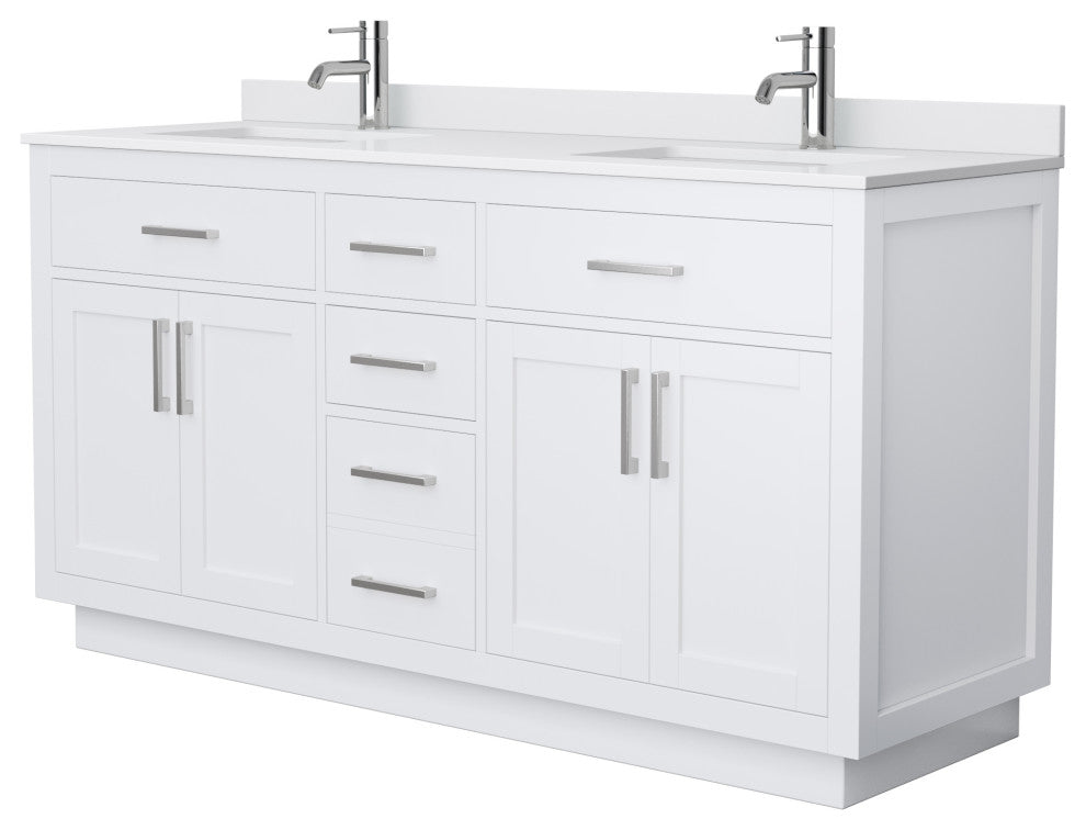 Beckett TK 66" Double Vanity,  Cultured Top, Nickel Trim