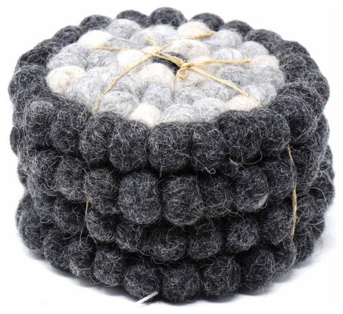 Felt Ball Coasters, Set of 4 Flower Design, Black/Gray