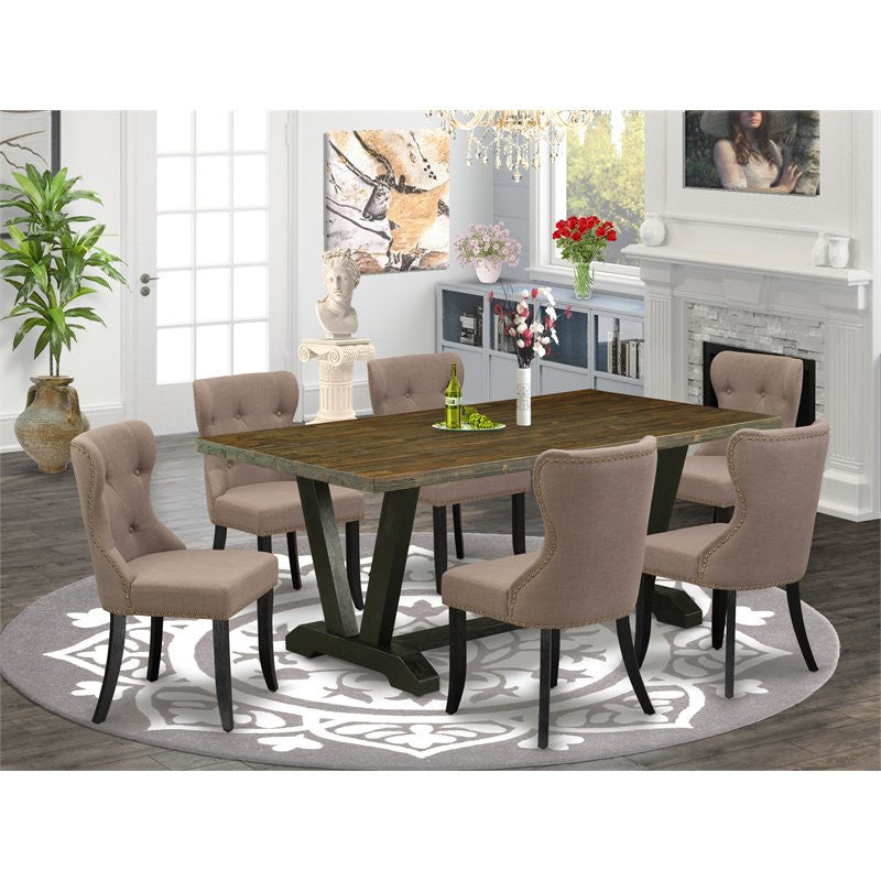 V677Si648-7, 7-Piece Dining Set, 6 Chairs, Table Top and Wooden Legs