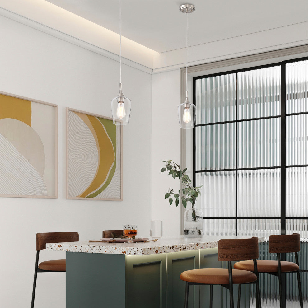 1-Light Brushed Nickel Modern Mini Pendant With Clear Glass Shade