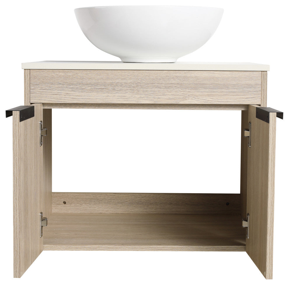 Wall-Mounted Bath Vanity, White Oak, White Ceramic Vessel Sink