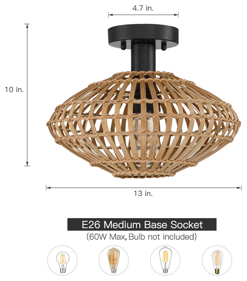 13" W 1-Light Eclectic Natural Rattan and Bamboo Semi-Flush Mount Ceiling Light