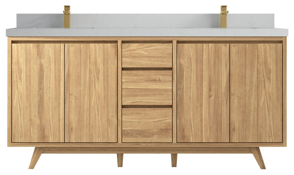 Madison Teak 72 Double Sink Bath Vanity in Light Natural 2" Carrara Quartz