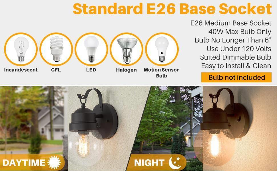 LNC 1-Light Seeded Glass Globe Outdoor Wall Lamp, 11", Black