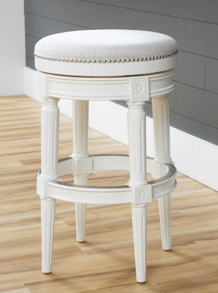 HomeRoots Bar Height Round Backless Stool, White Fabric