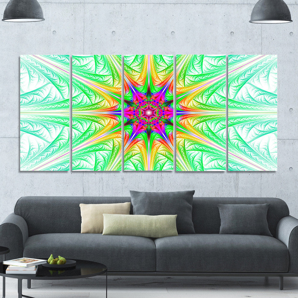 Green Fractal Stained Glass, Abstract Wall Art Canvas, 60"x28", 5 Panels