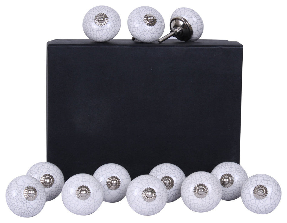 Set of 12 Vintage White Crackle Ceramic Knobs