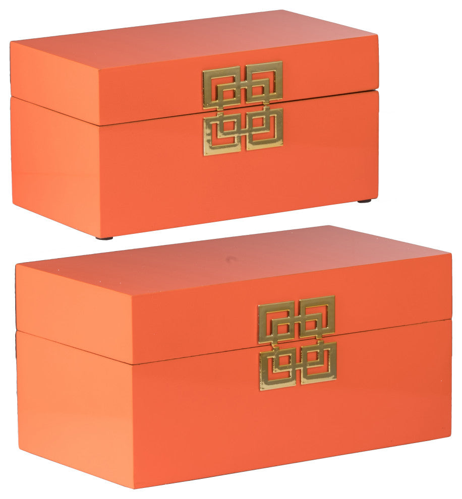 Benzara BM285589 14, 11" 2-Piece Set Boxes, Geometric Metal Accents, Orange