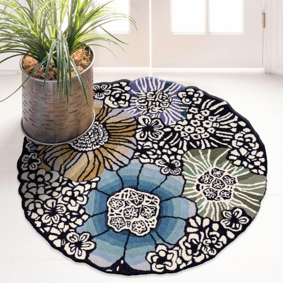 6" Round Blue and Black Floral Area Rug