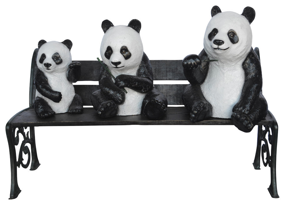Three Panda Bears Sitting on Bench Bronze Statue -  Size: 53"L x 28"W x 36"H.