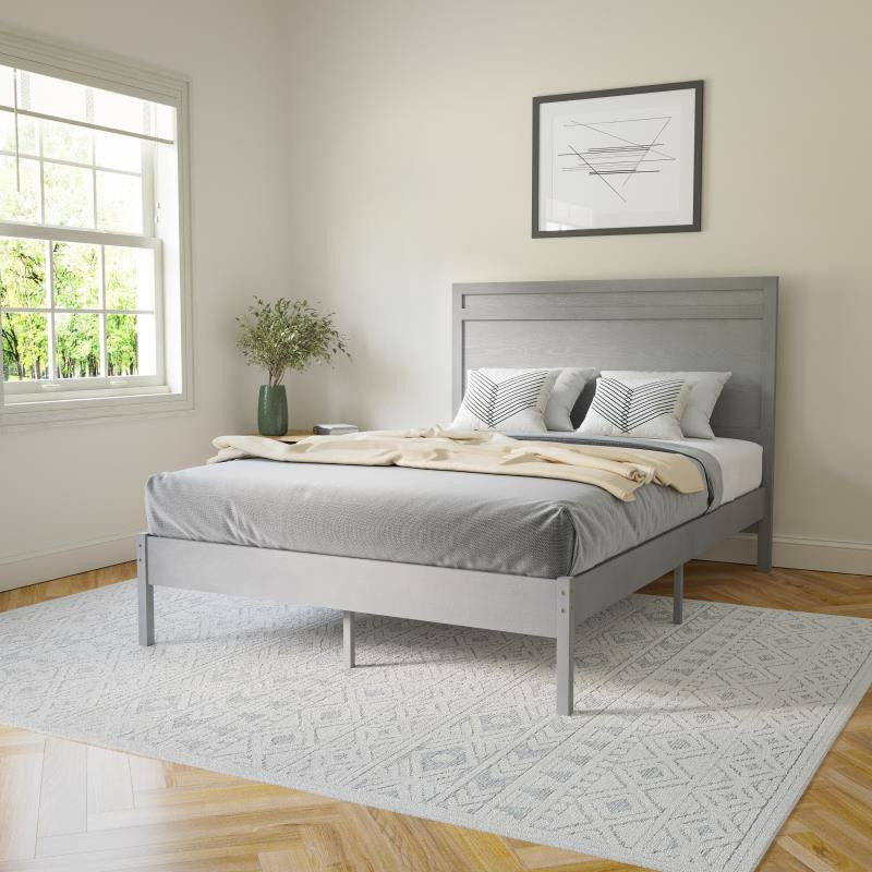 Kingston Solid Wood Platform Bed with Wooden Slats and Headboard, Gray, Full