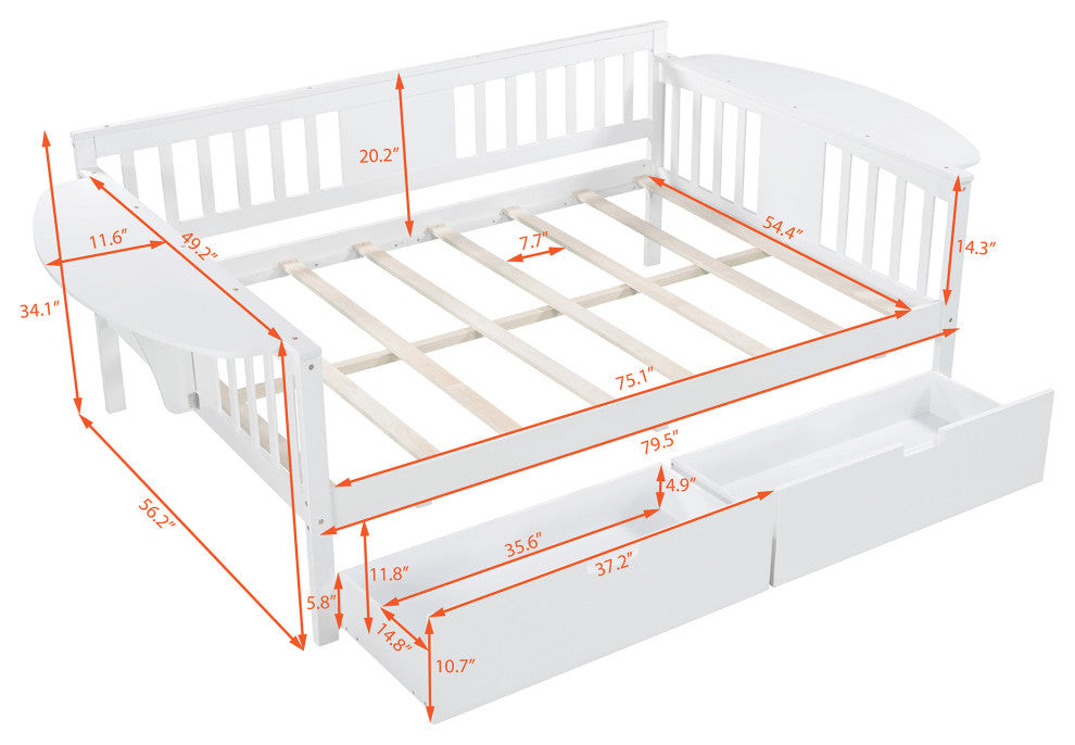 Gewnee Solid Wood Full Size Daybeds with Two Drawers,White