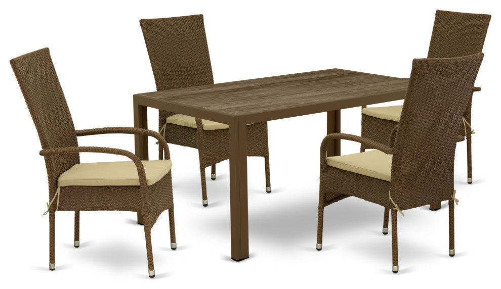 5Pc Outdoor- Brown Wicker Dining Set, Patio Table, 4 Balcony Backyard Armchair