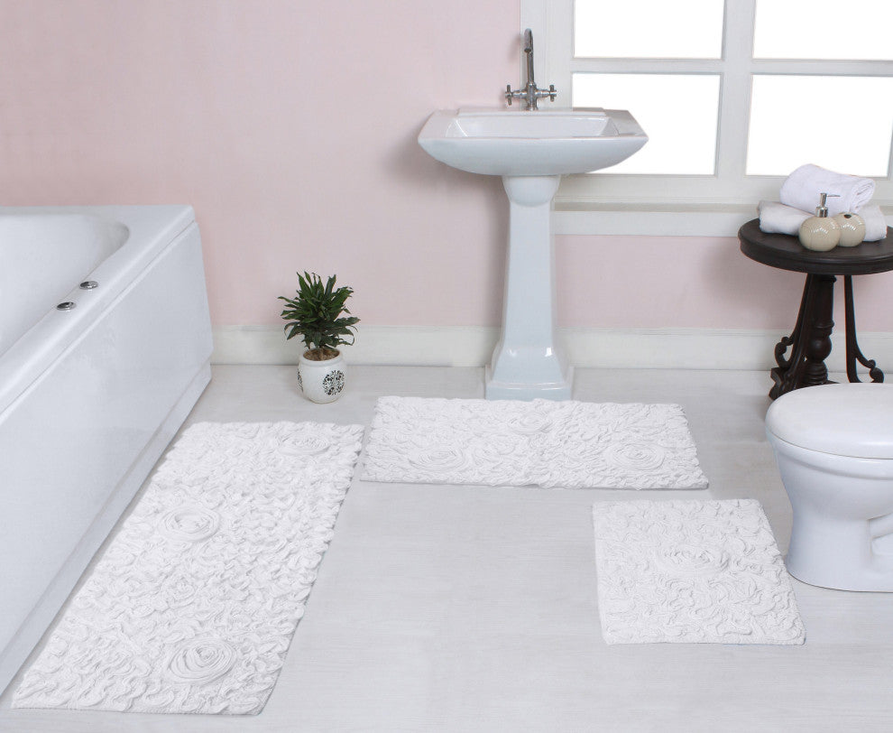 Bell Flower Collection Tufted Bath Rug, 3-Piece Set With Runner, White