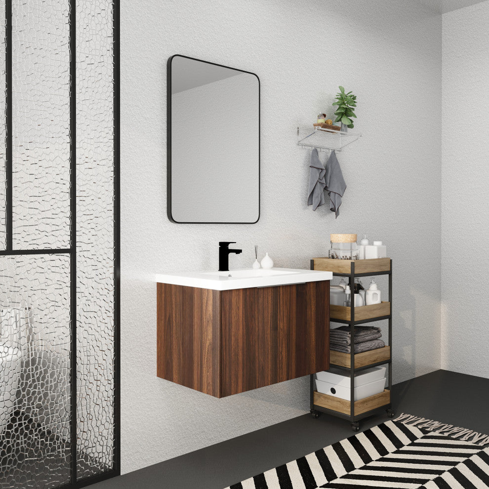 Wood Wall-Mounted Bathroom Vanity Set with Integrated Culture Marble Sink, 30 In