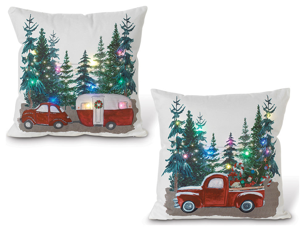 S/2 16-in H B/O Lighted Fabric Holiday Design Pillow