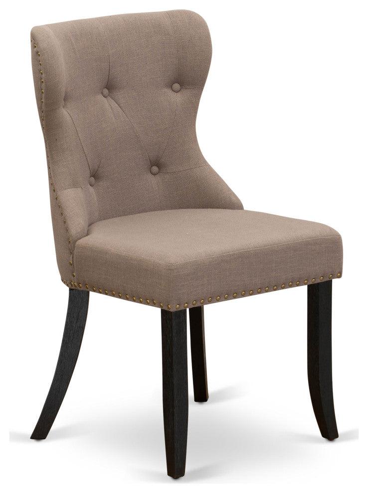 Set Of 2, Dining Chair- Upholstered, Black Wooden Frame, Coffee Seat
