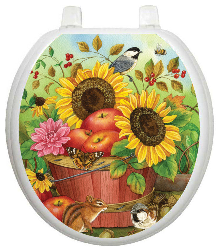 Fall Basket Toilet Tattoos Seat Cover, Vinyl Lid Decal, Bathroom Accent, Round