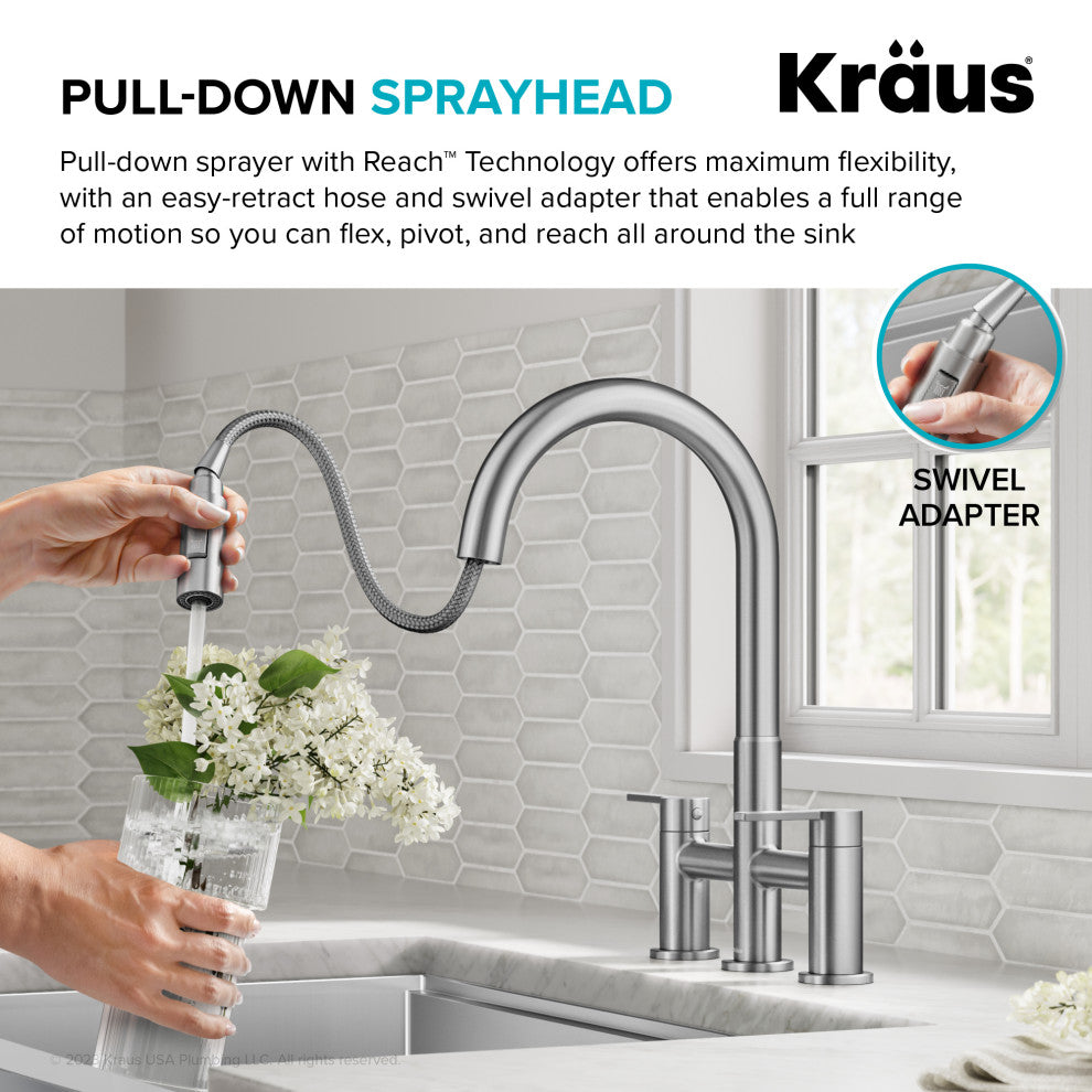 KRAUS Oletto 2-Function Pulldown 3-Hole Bridge Kitchen Faucet, Spot Free SS