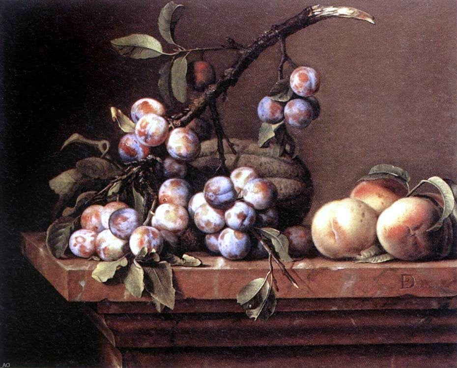 Pierre Dupuys Plums and Peaches on a Table, Gallery Wrapped Canvas, 20"x25"