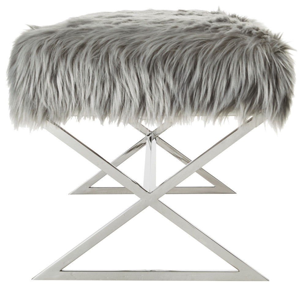 Oria Faux Fur X-Leg Base Bench, Gray and Chrome