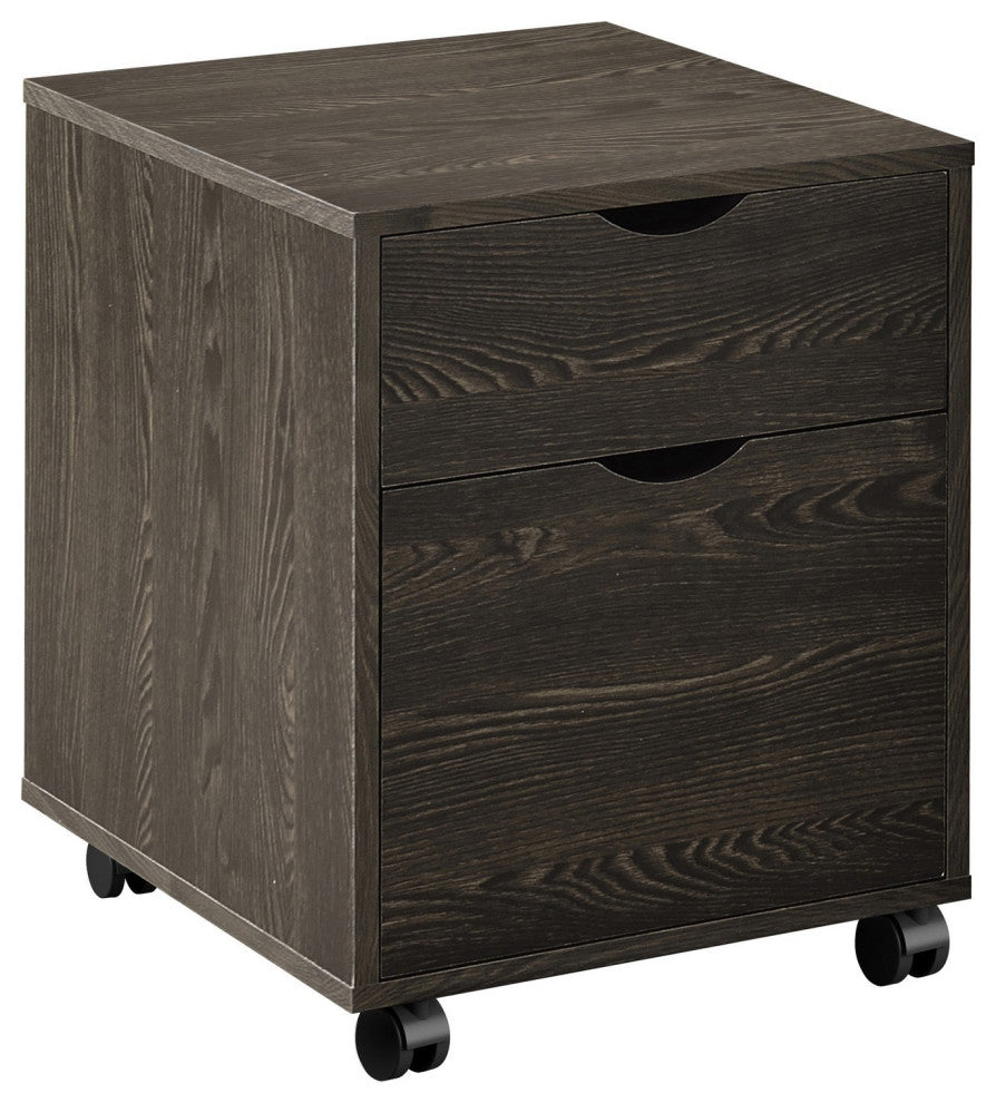 Benzara BM282968 Wood Rolling File Cabinet, 1 Large Cabinet, 1 Drawer, Dark Oak