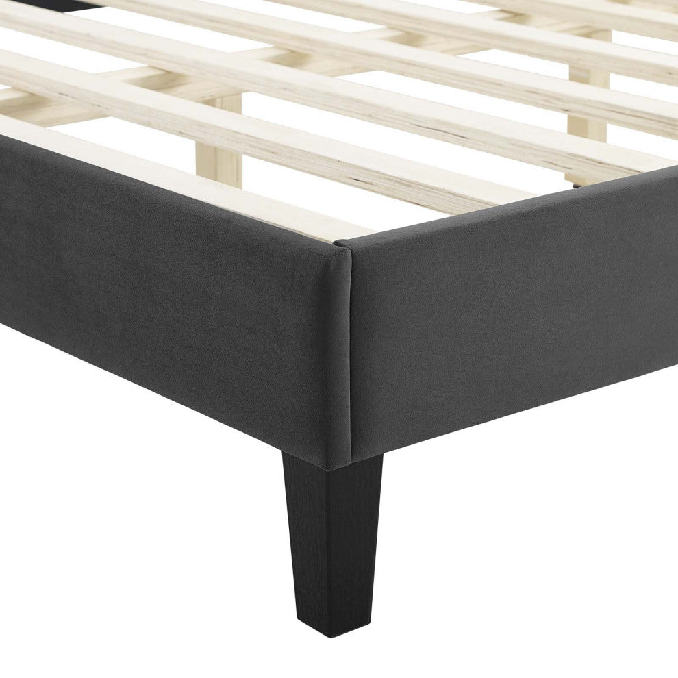 Tufted Platform Bed Frame, King Size, Velvet, Gray, Modern Contemporary