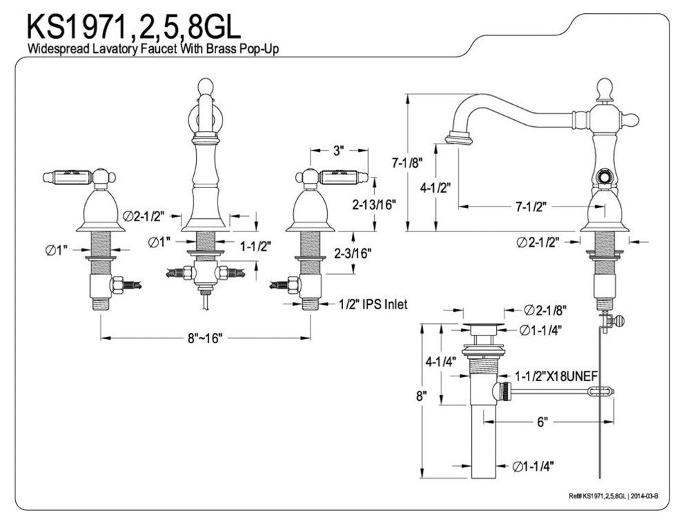 Heritage Two Handle 8" to 14" Widespread Lavatory Faucet with Brass Pop-up