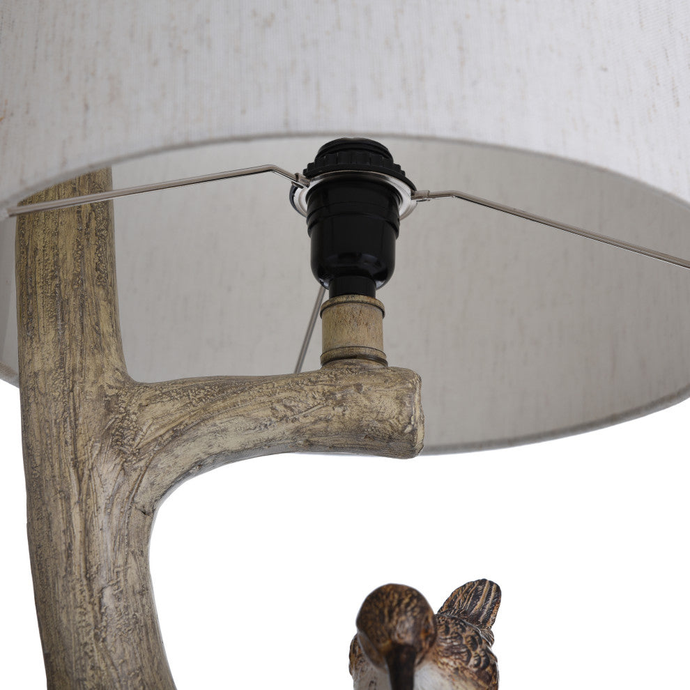 Iuka Farmhouse Birds On A Limb Table Lamp, Heathered Oatmeal Fabric Shade