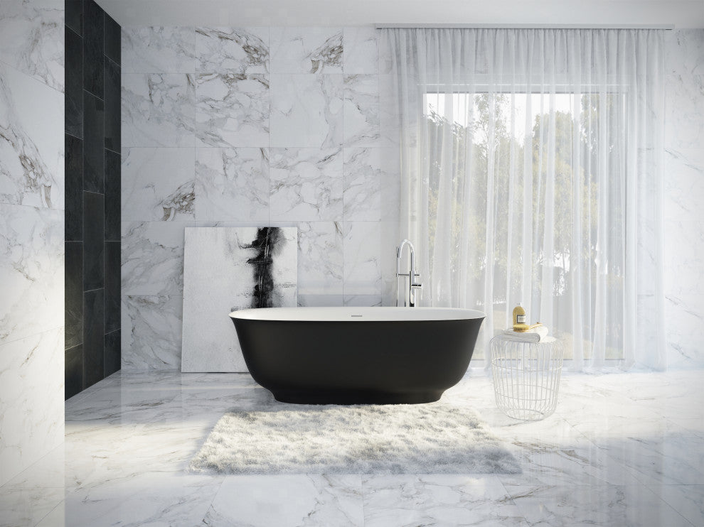 Perlato Ravenna 67" Eco-Lapistone Freestanding Soaker Tub, Matte Black Exterior