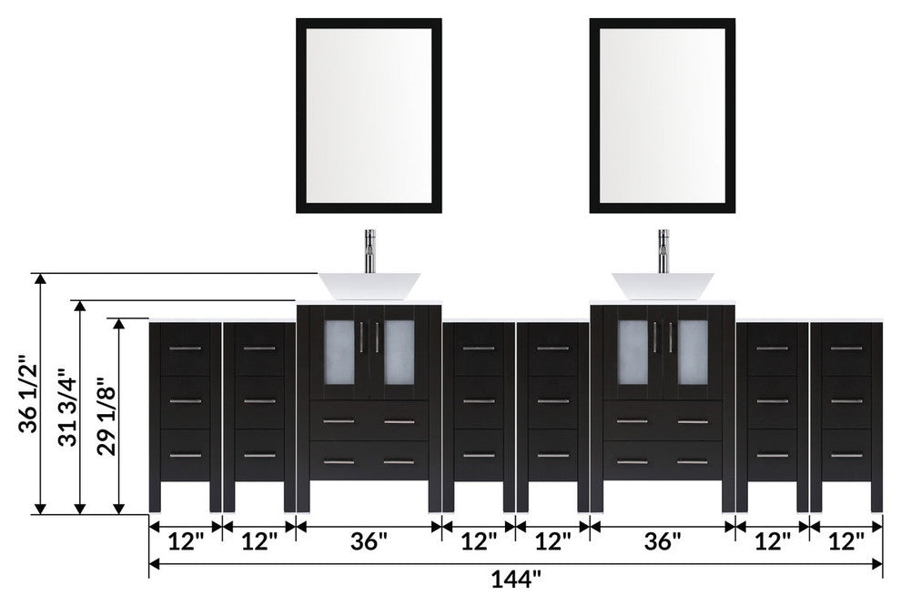 Modern Vanity Set With Two Sink Bases With Mirrors and Six Drawer Bases, Espress