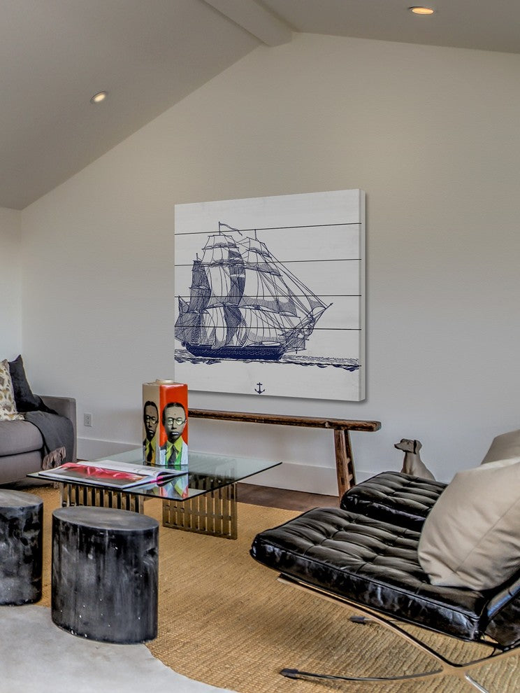 "Blue Ship" Painting Print on White Wood