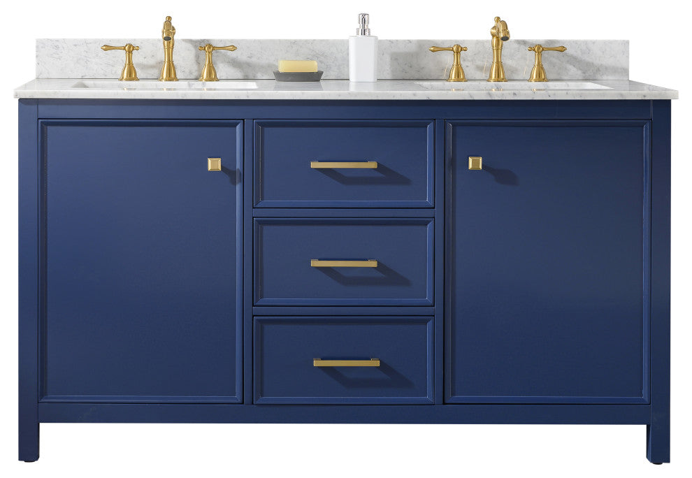 60" Double Sink Vanity Cabinet, Carrara White Top, Blue