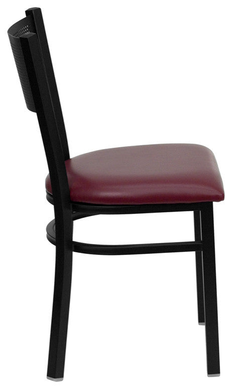 Black Grid Back Metal Restaurant Chair, Burgundy Vinyl Seat