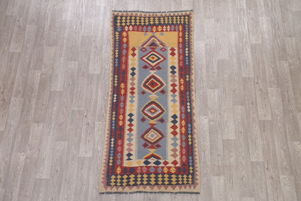 Turkish Flat-Woven Oriental Kilim Pure Wool Traditional Runner Rug, 7'5"X3'4"