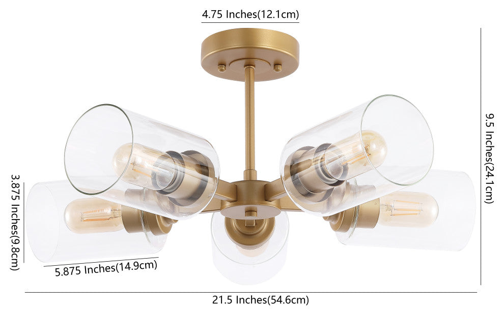 Jaynie 21.5" 5-Light Farmhouse Iron LED Semi Flush Mount, Brass Gold/Clear