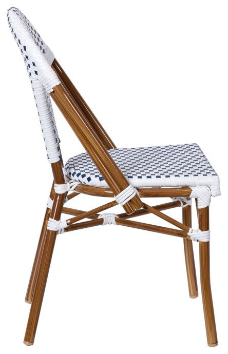 Set of 2 Indoor Outdoor Dining Chair, Woven Rattan Seat & Back, White & Navy