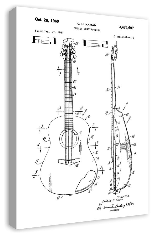 Vintage Guitar Sketch Patent 20"x30" Print on Canvas
