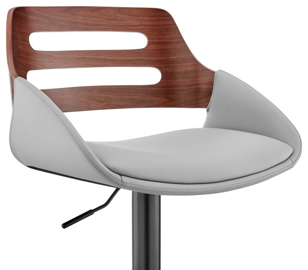 Karter Adjustable Faux Leather/Wood Barstool, Gray and Walnut With Black Base