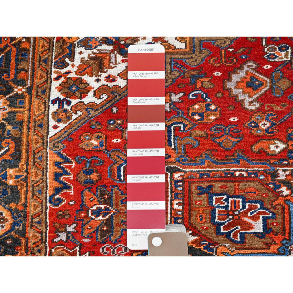 Chili Red Worn Wool Hand Knotted Vintage Persian Heriz Oriental Rug 7'5"x8'10"