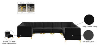 Alina Black Velvet 8-Piece Modular Sectional, Black, U-Shaped